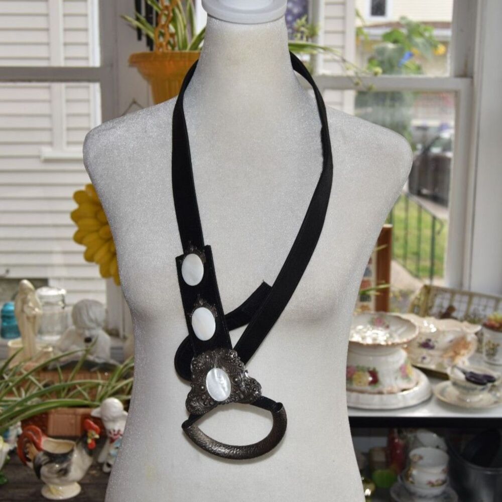 Black Statement Belt Ornate Silver-Tone Buckle Pearly Oval Accents 43.5”
